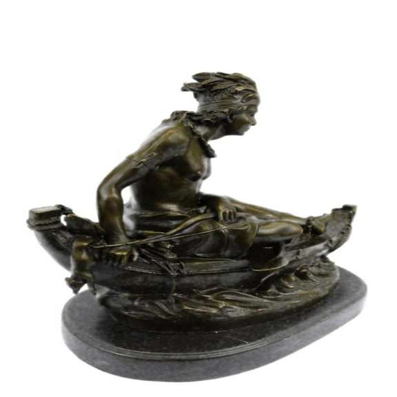 Indian Maiden in Canoe Bronze Sculpture