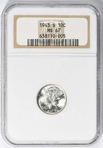 Exceptional Gem BU++ 1943 S Mercury Dime NGC MS 67!