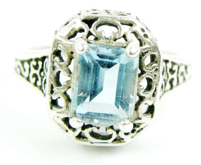 Sterling Filigree Blue Topaz Ring, Size 7.5