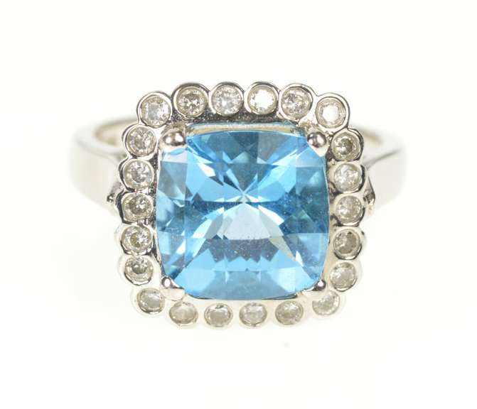 14K White Gold Cushion Blue Topaz Scalloped Diamond Halo Ring