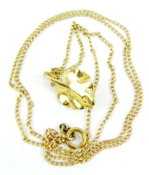 Vintage 14K Pearl & Diamond Leaf Pendant & Chain