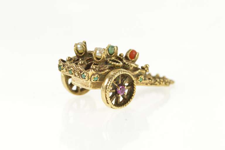 14K Yellow Gold 3D Victorian Decorative Wheeled Cart Charm/Pendant