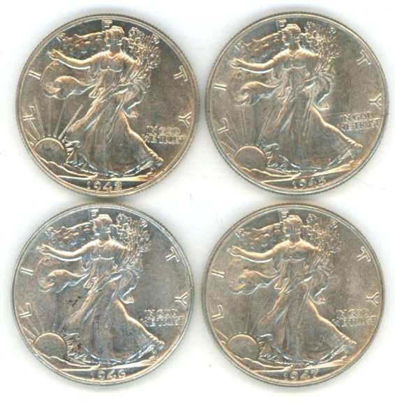 4 Diff slider/BU 'P' Mint Walking Liberty Half Dollars