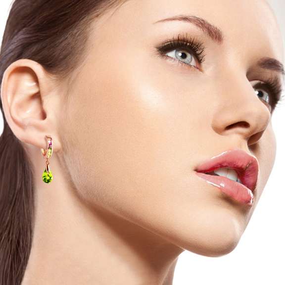 Solid Rose Gold Dangling Green Cubic Zirconia Pear Hoop Earrings
