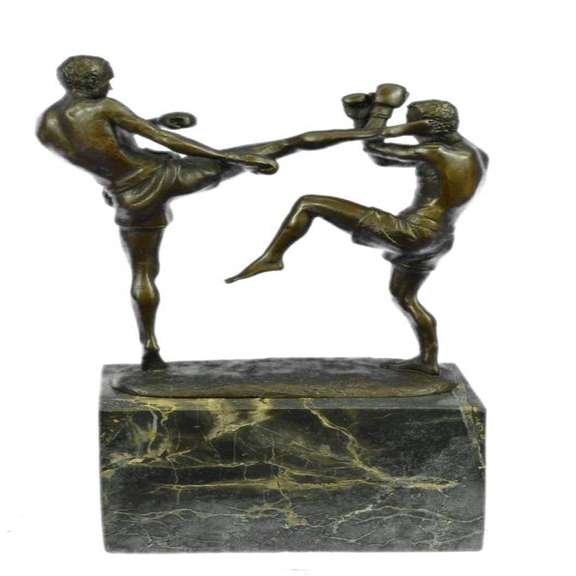Kick Boxers Bronze Sculpture on Marble Base Figurine