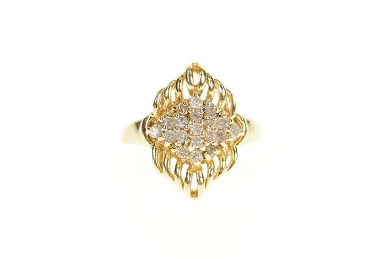 14K Yellow Gold Ornate Diamond Cluster Scalloped Statement Ring