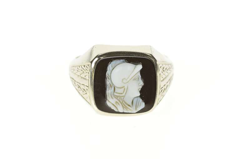 10K White Gold Art Deco Black Onyx Cameo Men's Etched Ring