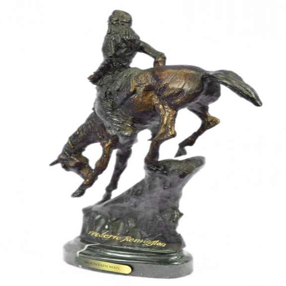 Native Indian Chief Riding Horse on a Rock Bronze Sculpture