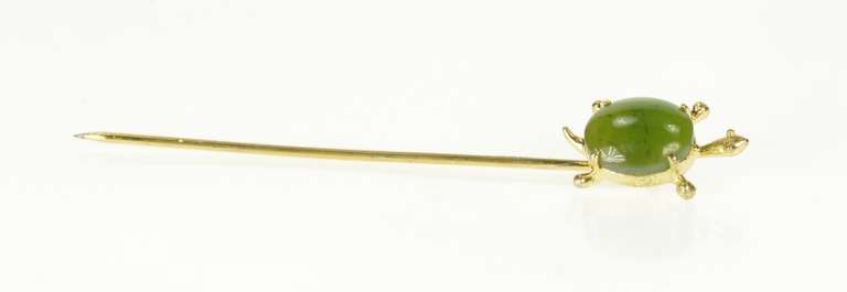 Gold Filled Retro Oval Nephrite Jade 3D Turtle Stick Pin