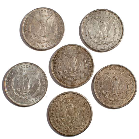 6 Near Unc & Unc 1921 Morgan Silver Dollars