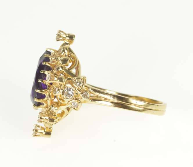 14K Yellow Gold Pear Amethyst Diamond Cocktail Statement Ring