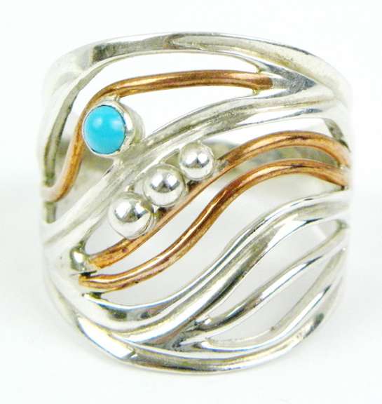 2-Tone Sterling Turquoise Wide Ring, Size 10