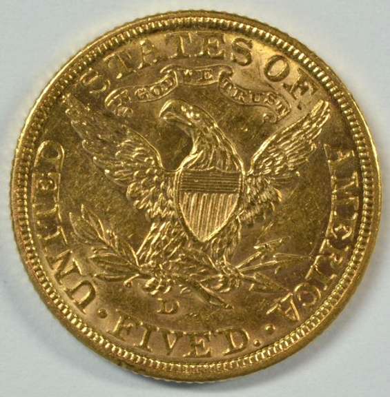 Fully struck BU 1907-D US $5 Liberty Gold Piece