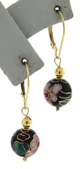 Beautiful 14kt YG Cloisonne Black Enameled Flower Earrings