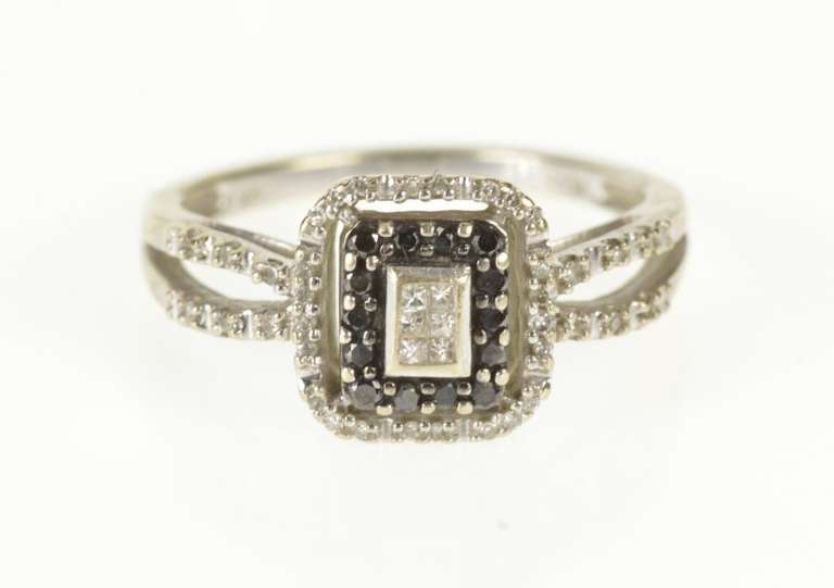 10K White Gold Black & White Diamond Halo Promise Engagement Ring
