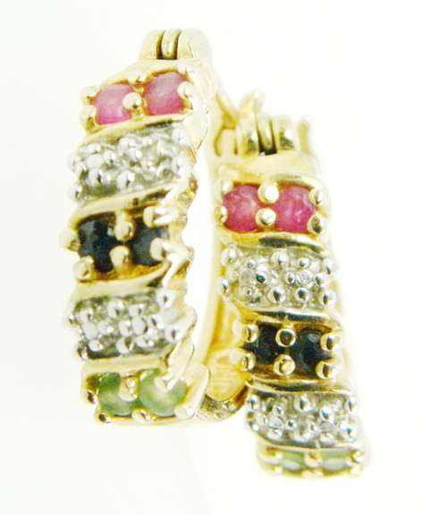 Sterling Vermeil Ruby, Sapphire, Emerald Huggie Hoop Earrings