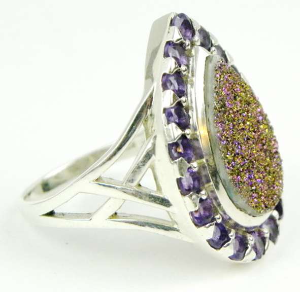 Sterling Druzy & Amethyst Ring, Size 11