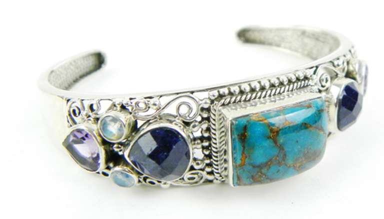 Gorgeous Sterling Turquoise & Gemstones Cuff Bracelet