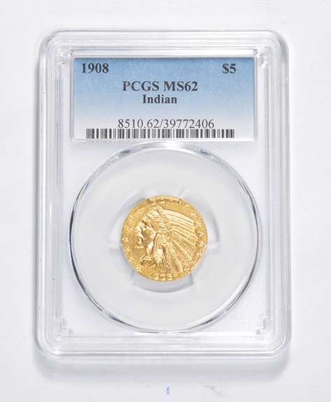 MS62 1908 $5.00 Indian Head Gold Half Eagle - Graded PCGS