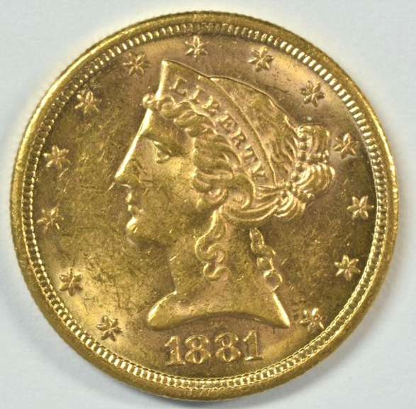 Fresh BU 1881 US $5 Liberty Gold Piece
