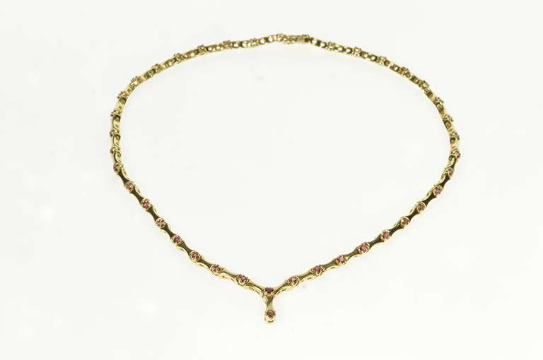 14K Yellow Gold Ruby Encrusted Curved Bar Link Chevron Necklace