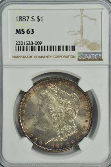 Scarce choice BU 1887-S Morgan Silver Dollar. NGC MS63