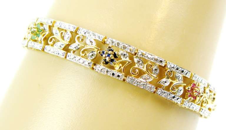 Sterling Ruby Emerald & Sapphire Filigree Bracelet