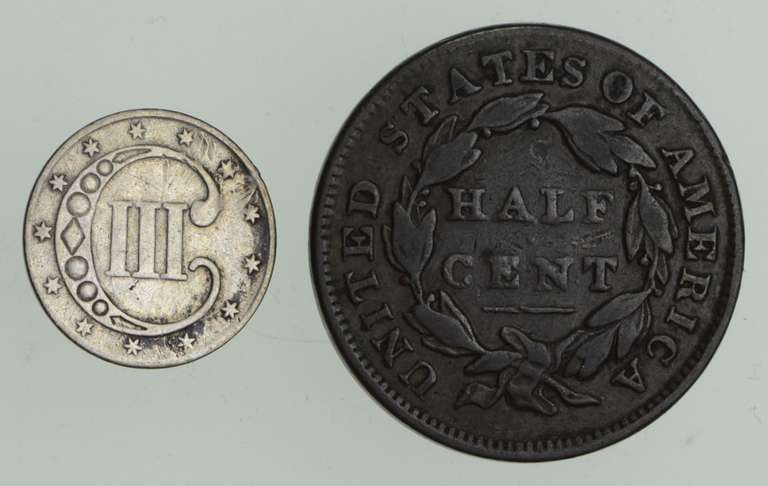 Lot (2) 1832 Classic Head Half Cent & 1852 Silver Three-Cent Piece