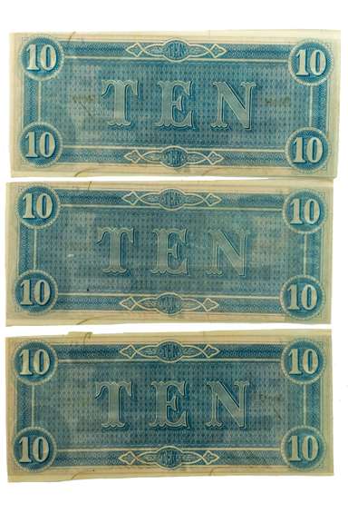 3 Consecutive CU $10 Confederate Notes Feb 17 1864