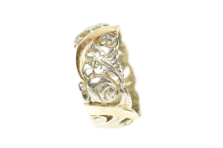 14K White Gold 9.3mm Victorian Etched Scroll Wedding Band Ring