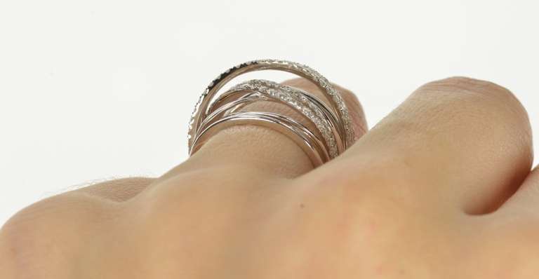 14K White Gold 1.00 Ctw Diamond Criss Cross Layered Statement Ring