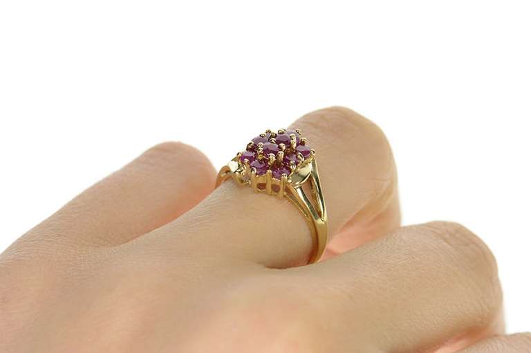 10K Yellow Gold Natural Ruby Cluster Statement Bypass Ring