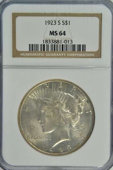 Virtual Gem BU 1923-S Peace Silver Dollar. NGC MS64