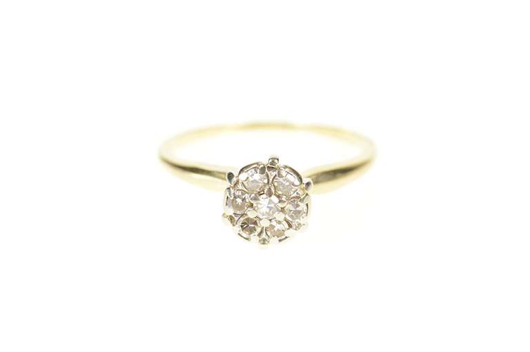 14K Yellow Gold Retro Classic Diamond Halo Promise Cluster Ring