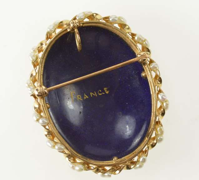14K Yellow Gold French Ceramic Painted Lady Pearl Halo Pendant/Pin