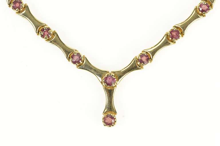 14K Yellow Gold Ruby Encrusted Curved Bar Link Chevron Necklace