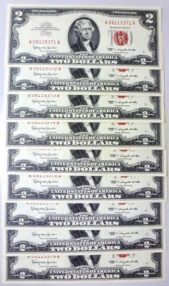 (9) Gem Crisp 1963 $2 Red Seal Notes Consecutive Serial Numbers!
