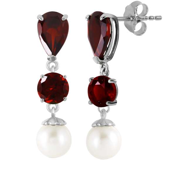 Solid White Gold Chandelier Earrings Garnet Pearl