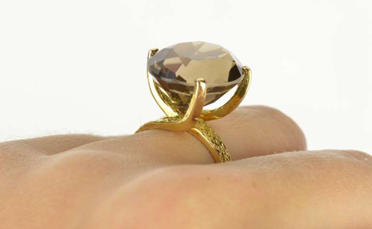 14K Yellow Gold Oval Smoky Quartz Retro Statement Cocktail Ring