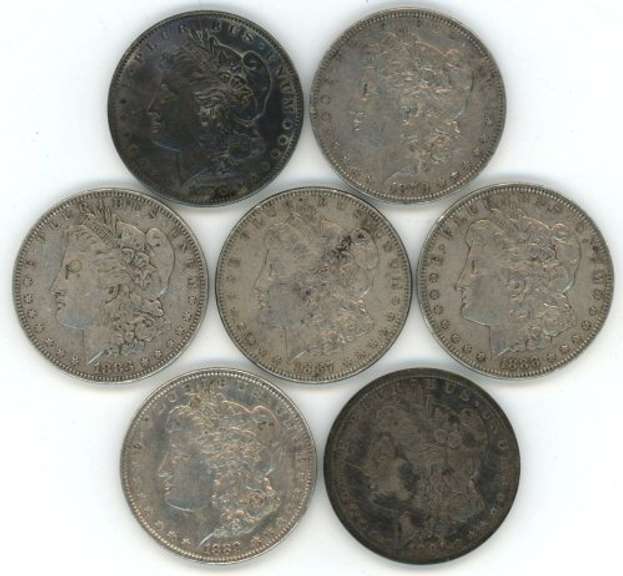 7 Different Morgan Silver Dollars 1878-S to 1891-O