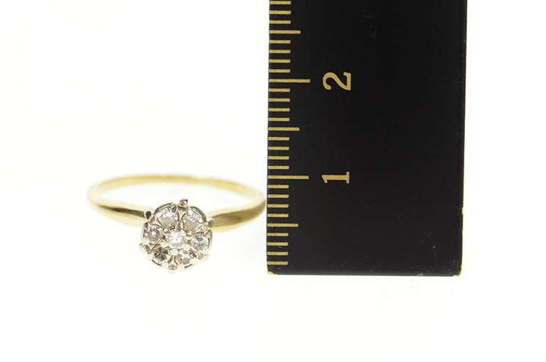 14K Yellow Gold Retro Classic Diamond Halo Promise Cluster Ring