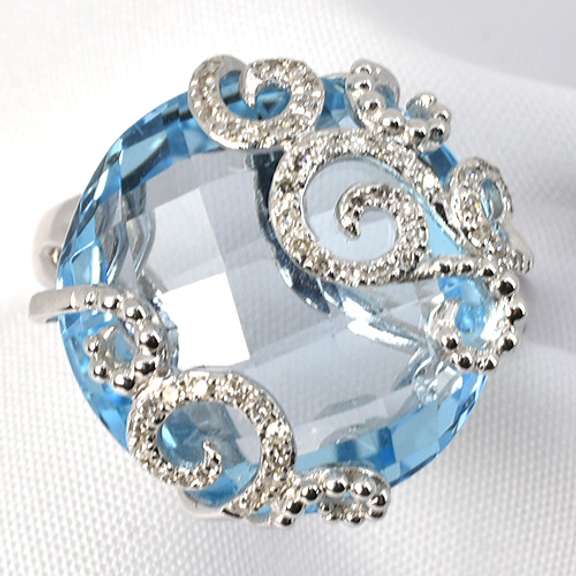 Stylish Blue Topaz & Diamond Ring in 14K WG