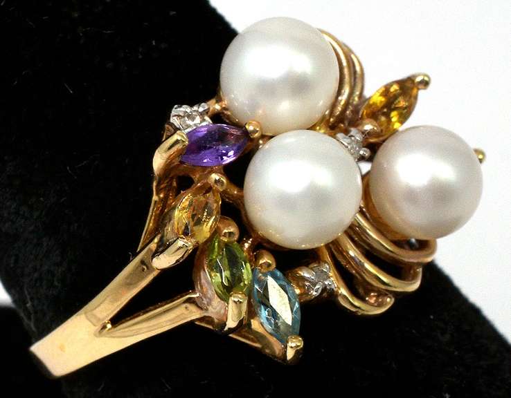 Unique Pearl & Multi Gemstone Ring in Yellow Gold