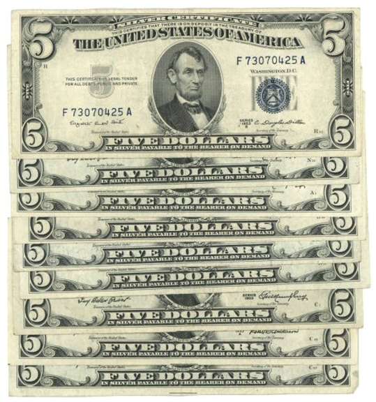 9 Nicer 1953 Series $5 Blue Seal Silver Certificates