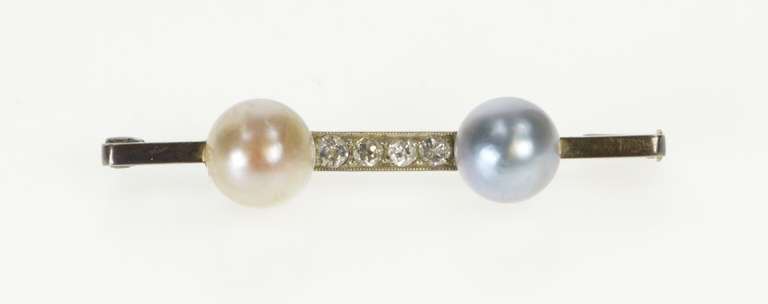 10K White Gold Art Deco Two Tone Pearl Diamond Bar Pin/Brooch