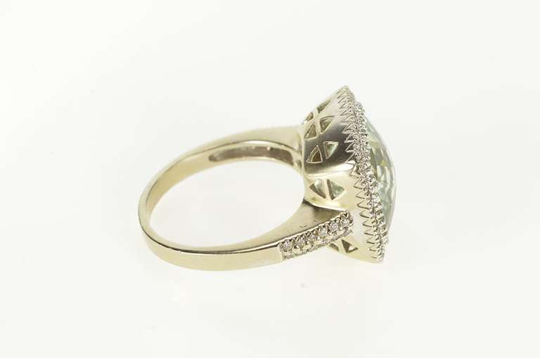 10K White Gold Prasiolite Faceted Cushion Diamond Halo Ring