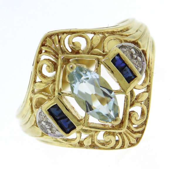 Nice Marquise Aquamarine & Diamond Accent Filagree Ring