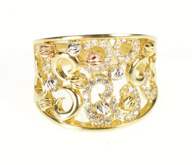 14K Yellow Gold Ornate Swirl Curved CZ Encrusted Statement RIng