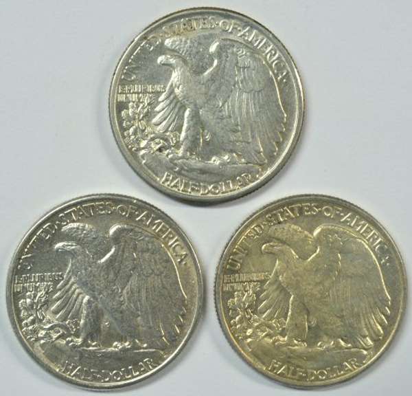 3 Diff slider/BU 'P' Mint Walking Liberty Half Dollars