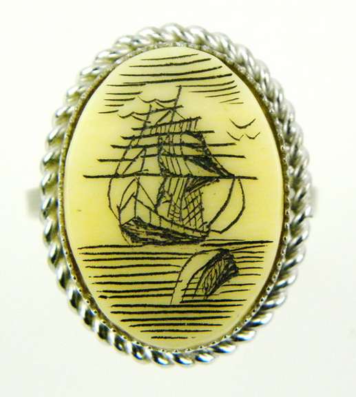 Vintage Sterling Scrimshaw Ring, 6.5